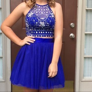 blue two-piece homecoming dress with jewels
